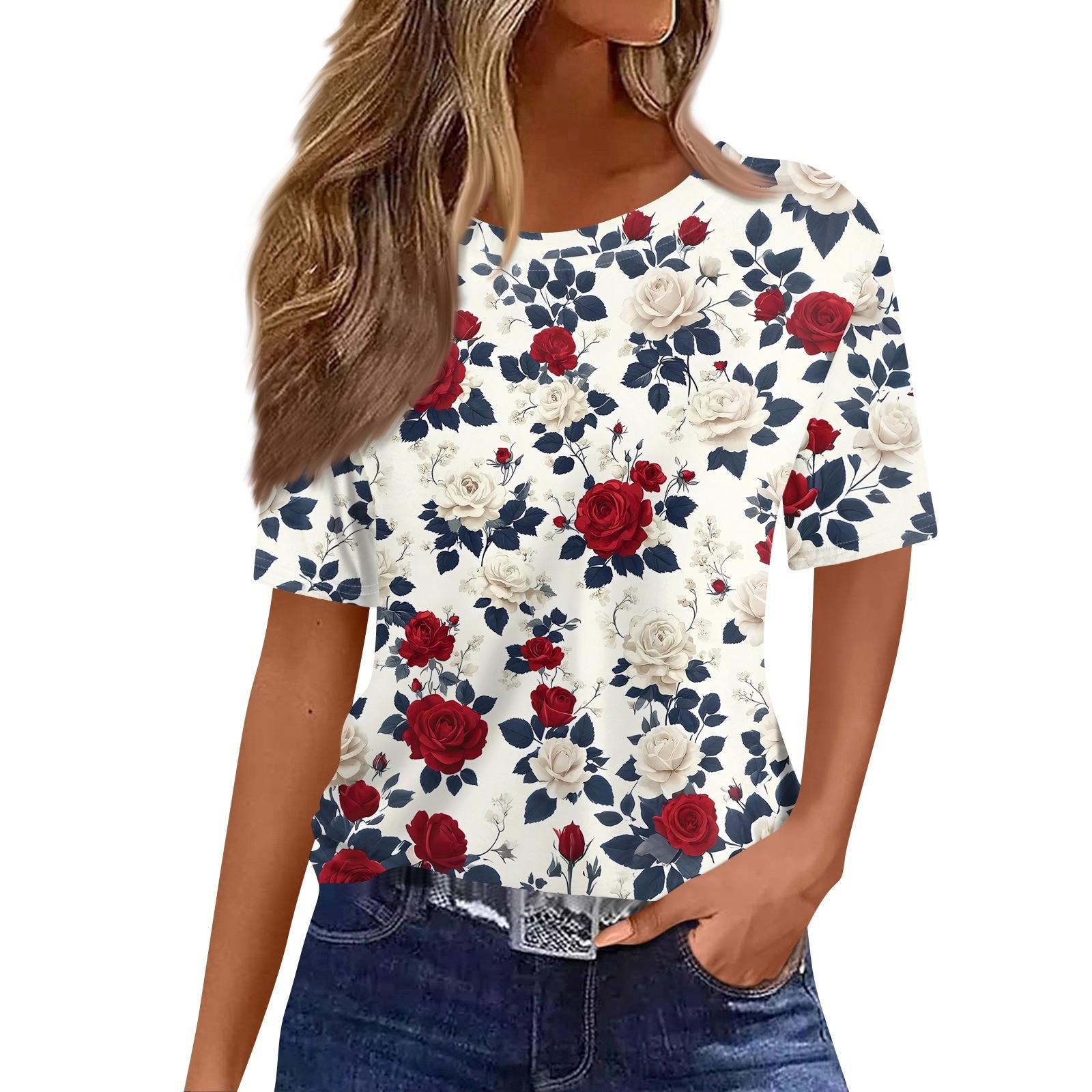 

Women s Fashionable Casual Short Sleeve Print Round Neck Pullover Top XXL
