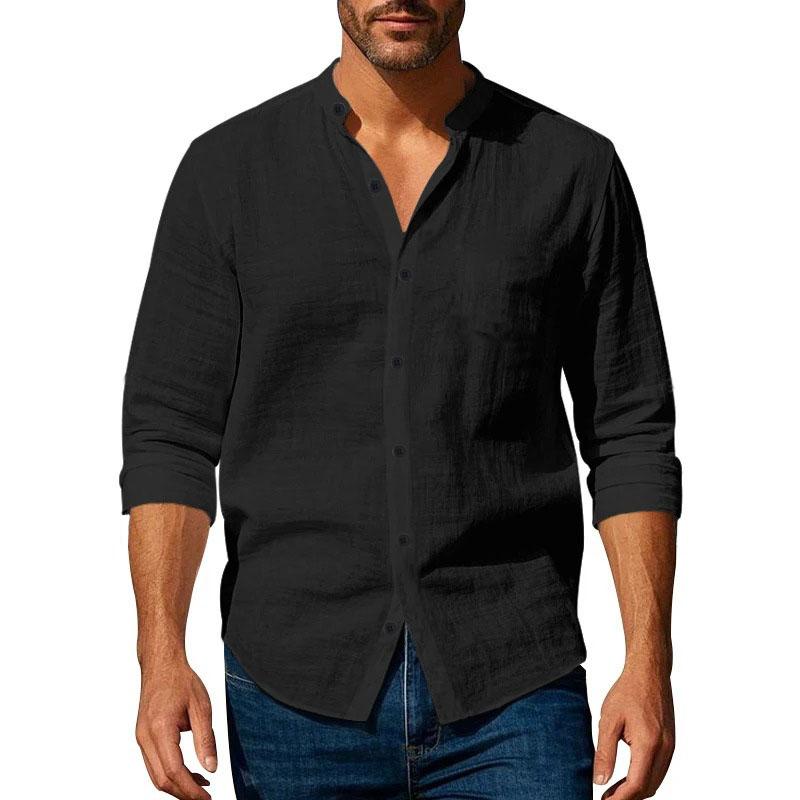 Pánská košile z bavlny a lnu s henley límečkem, jednobarevná, lehká, prodyšná, slim fit, jednořadé zapínání, dlouhý rukáv, zapínání na knoflíky