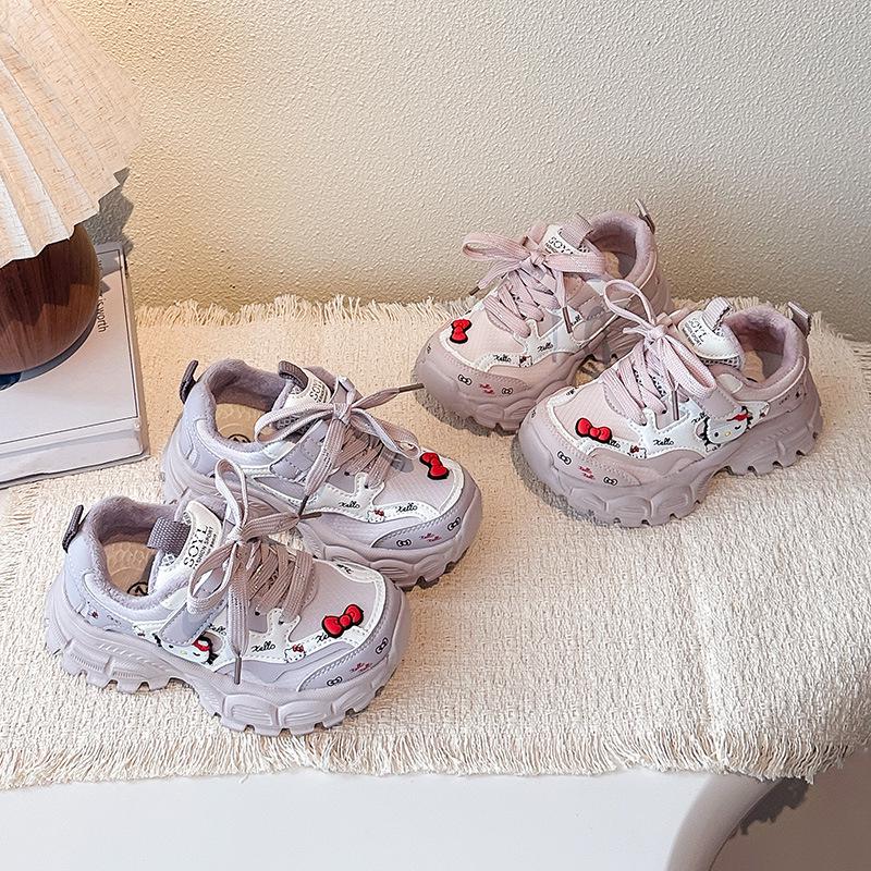 Girls' Cotton Dad Shoes with KT Cat Design, Two-Layer Velvet, Fashionable and Sporty for Autumn/Winter 2025
