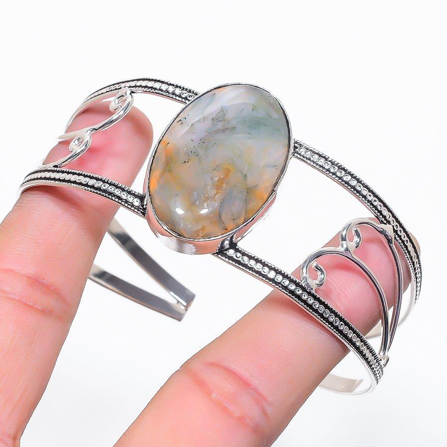 

Natural Indian Moss Agate Gemstone 925 Sterling Silver Cuff Bangle Adj p7E91