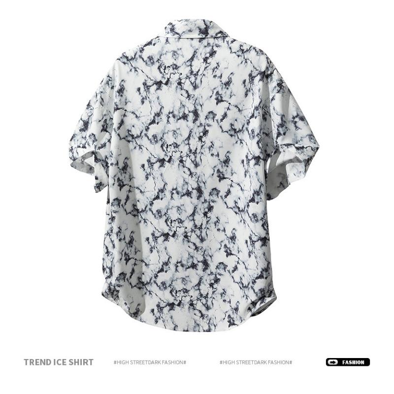 Men's White Black Marble Print Short Sleeve Shirt - Oversized Casual Streetwear Summer Button Up