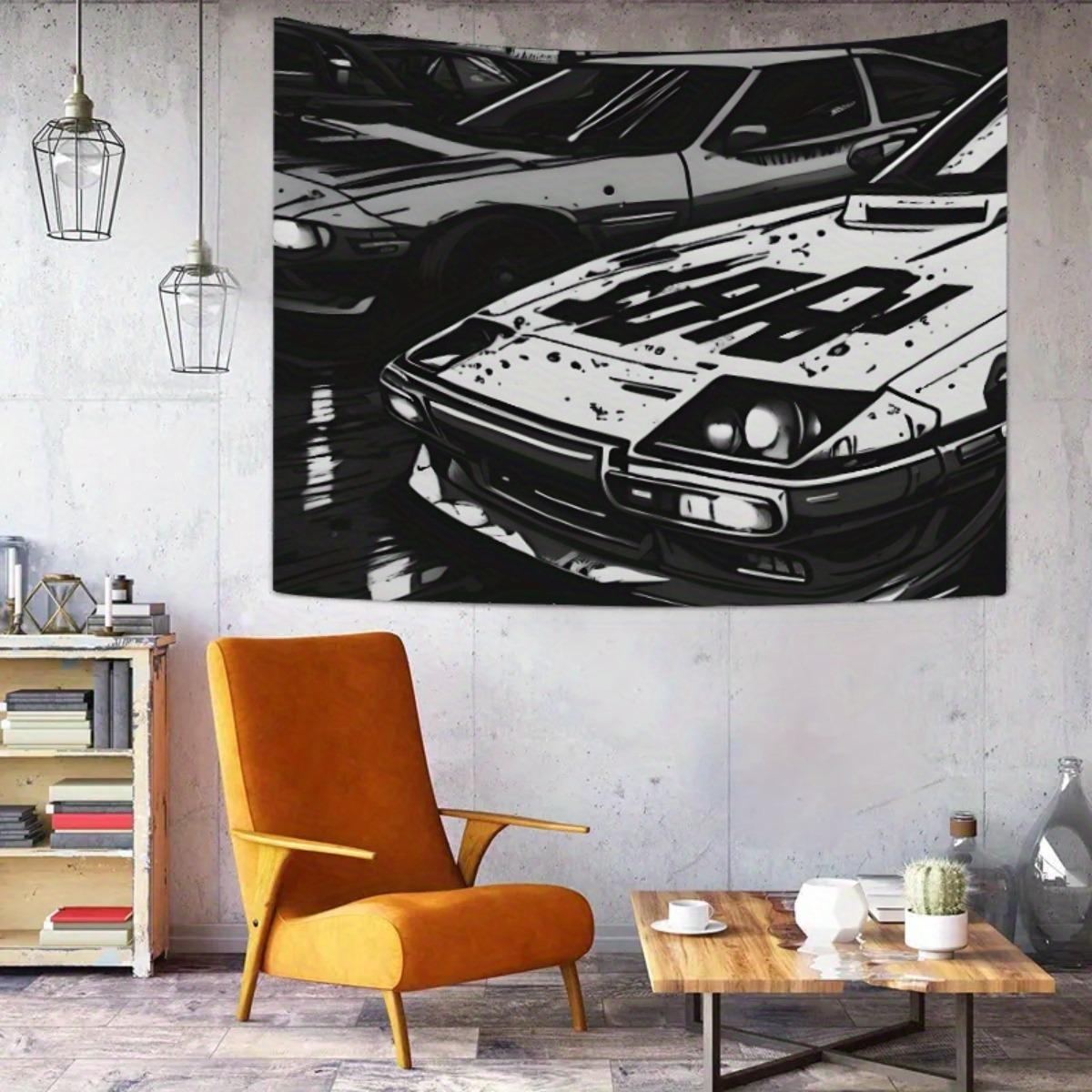 

VIKAMA Black White Racing Car Tapestry Vintage Sports Car Wall Hanging for Living Room Dorm Game Room Automotive Decor 74x94cm(29x37in)