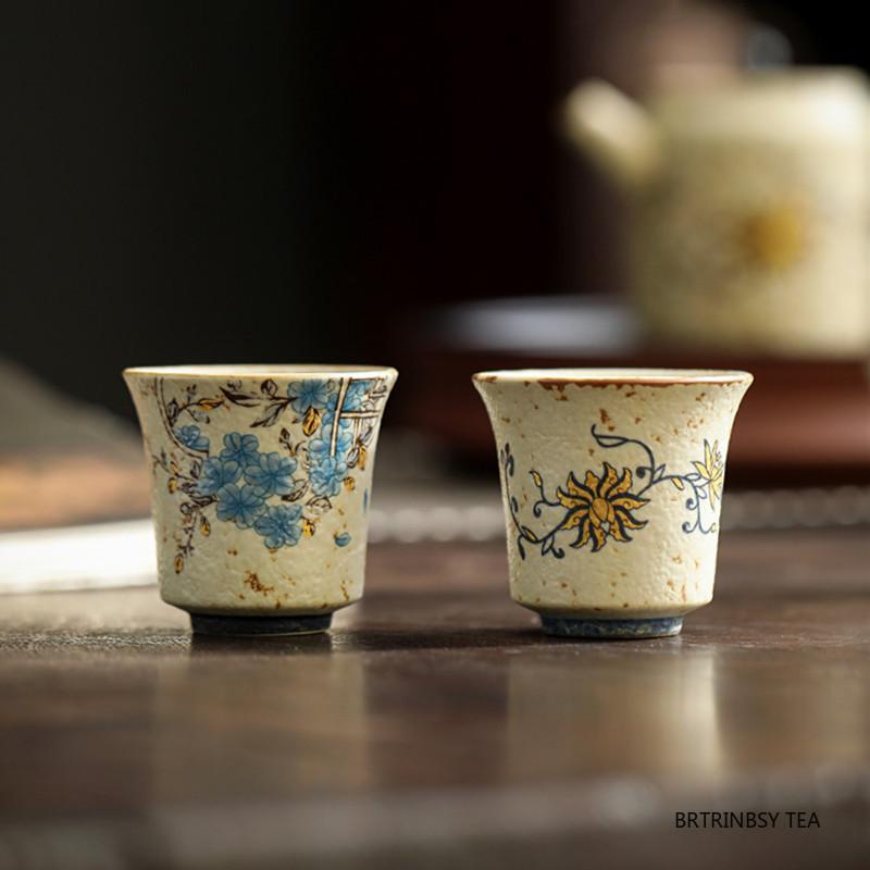 1 Pc Chinese Vintage Ceramic Tea Cup Handmade Flower Pattern Tea Bowl Household Master Teacup Travel Personal Teaware 35ml