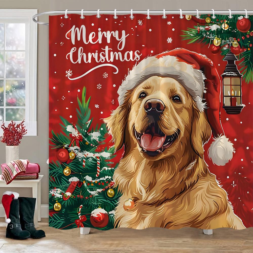 Christmas Printed Shower Curtain Cute Snowman Red Truck Christmas Tree Socks Gifts Winter Fabric Shower Curtains Bathroom Decor