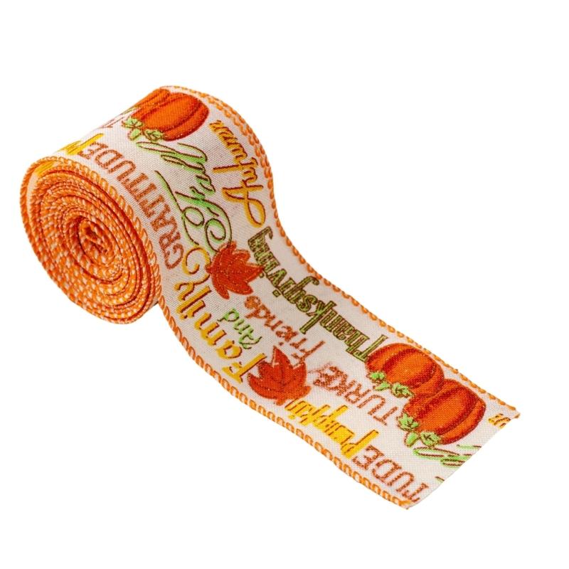 

5 Yards Orange Ribbons with Pumpkin Maple Leaf Pattern for Decorsfor Thanksgiving Flower Arrangements