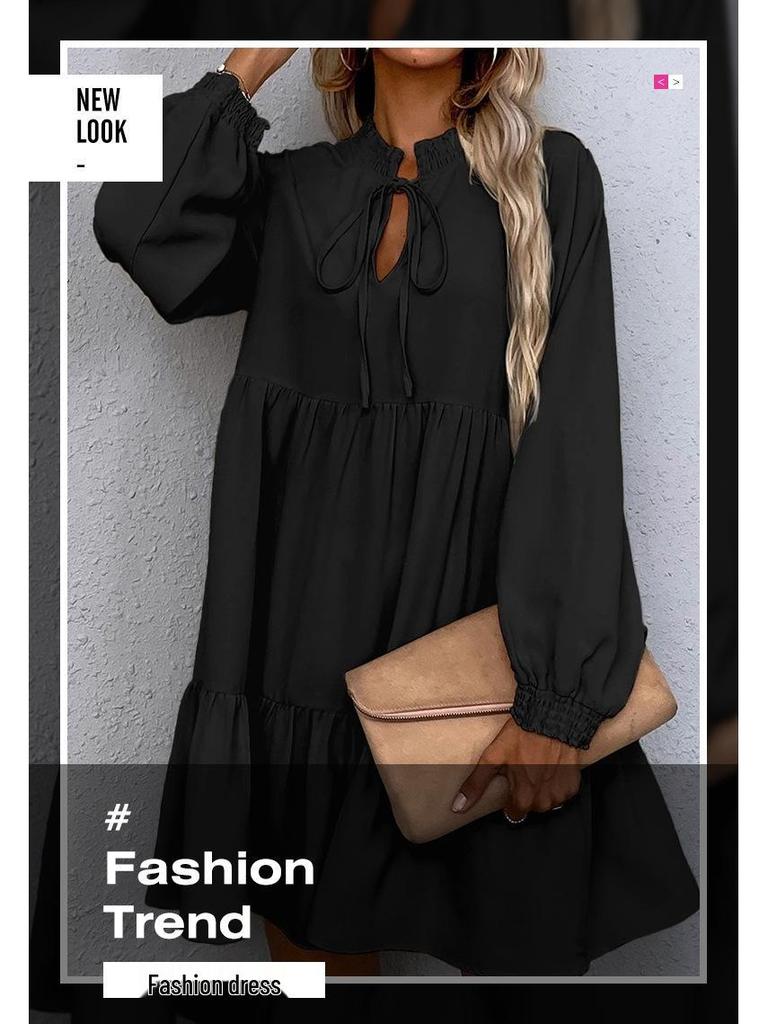Shi Ying Women's Solid Color Autumn Midi Dress - Long Sleeve, Drawstring, Pointed Collar, Loose Fit