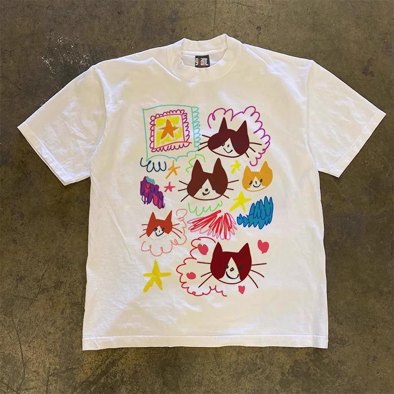 ZX Cloud cat art graffiti print niche shortsleeved Tshirt for men and women trendy casual top S