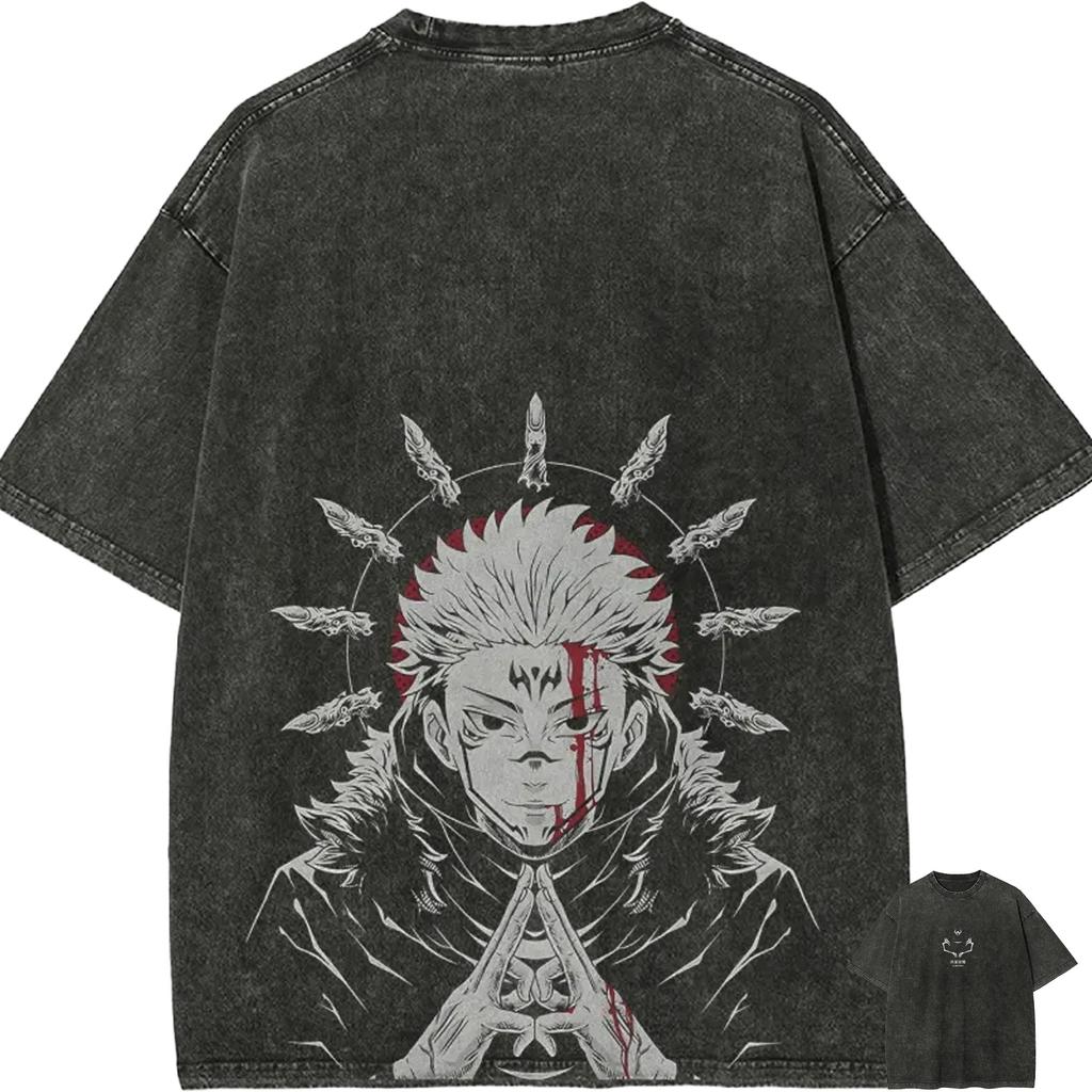 Jujutsu Kaisen Sukuna T-shirt Uomo Espansione del Dominio Vintage Lavaggio Acido Streetwear Oversize Retro Anime Giapponese Grafiche
