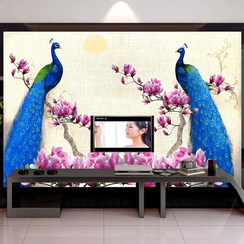 Mural Wallpaper 3d Blue Peacock Oil Painting Living Room Tv Sofa Study Home Decor Classic Wall Papers