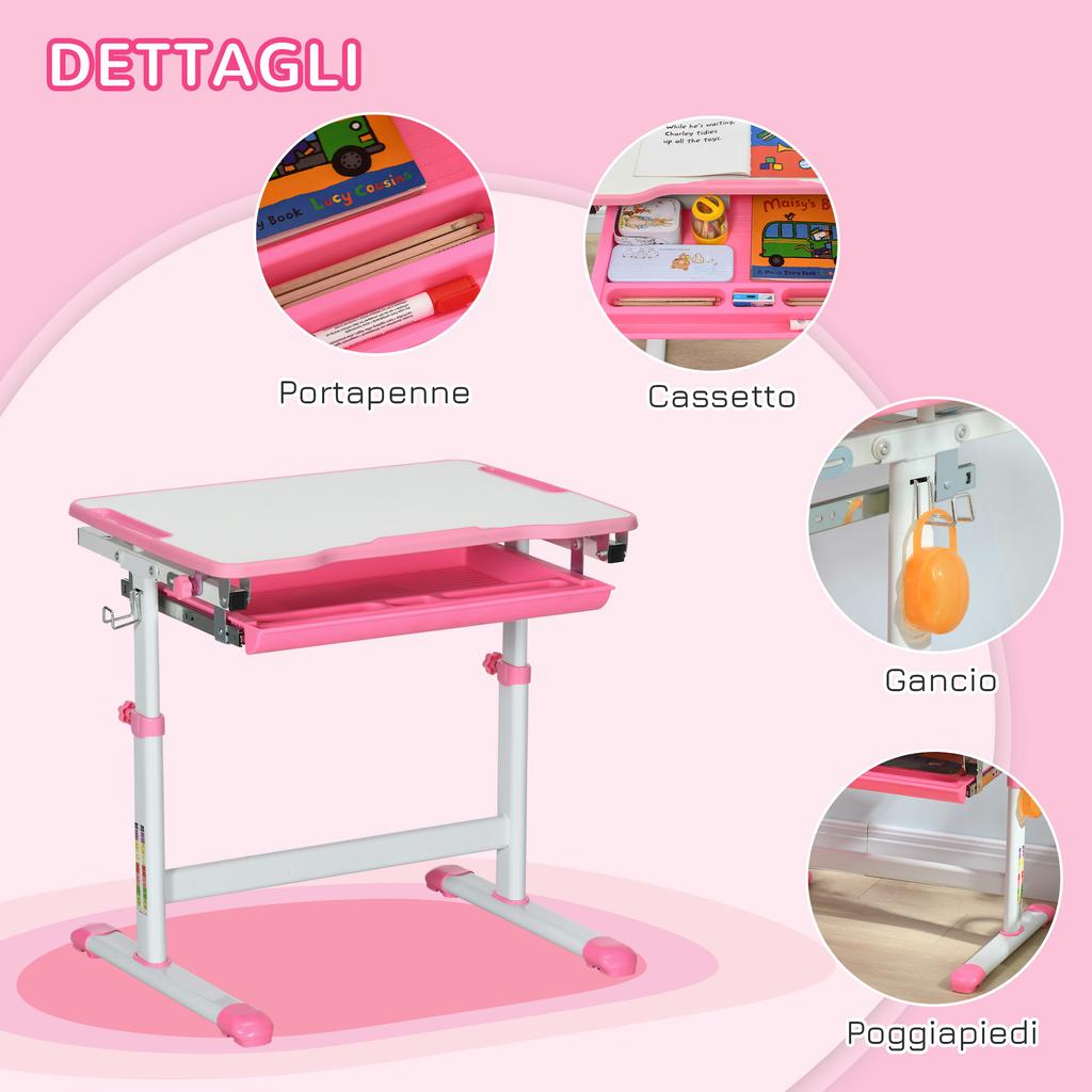 Kids Desk and Chair Set, Student Adjustable Writing Desk, with Drawer, Pen Slot, Hook - Pink