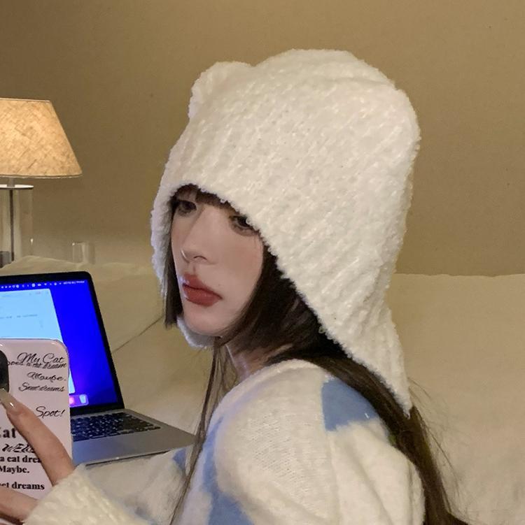 Süße Bärenwollmütze Damen Herbst und Winter Großer Kopfumfang Warme Ohrenschützer Mütze Vielseitige Gesichtsverkleinerung Kopf Gestrickte Mütze Trend