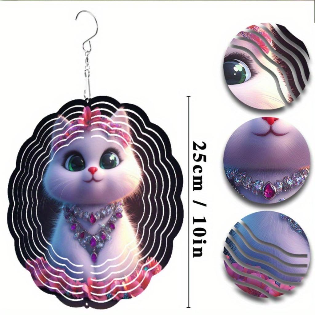 10 Inch Metal Wind Spinner with Cat Design and Pink Jewels 360 Rotating Hook for Outdoor Balcony Garden Lawn Decoration Spring Summer Fall