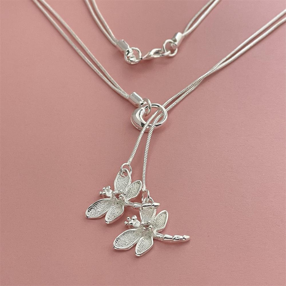 

Двойное колье с кисточкой-стрекозой, Модный аксессуар для женщин, Изысканный и нишевый дизайн, Универсальная цепочка для ключиц для подарка 46cm серебряный
