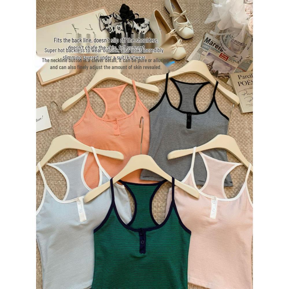 Spring/Summer Korean Slimming Striped Color Block U-Neck Backless Camisole for Women