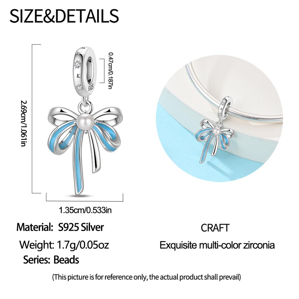Charms Original Copper Blue Bow Pendant Beads Fit Bracelet Diy Fine Gift Women Delicate Jewelry Accessory