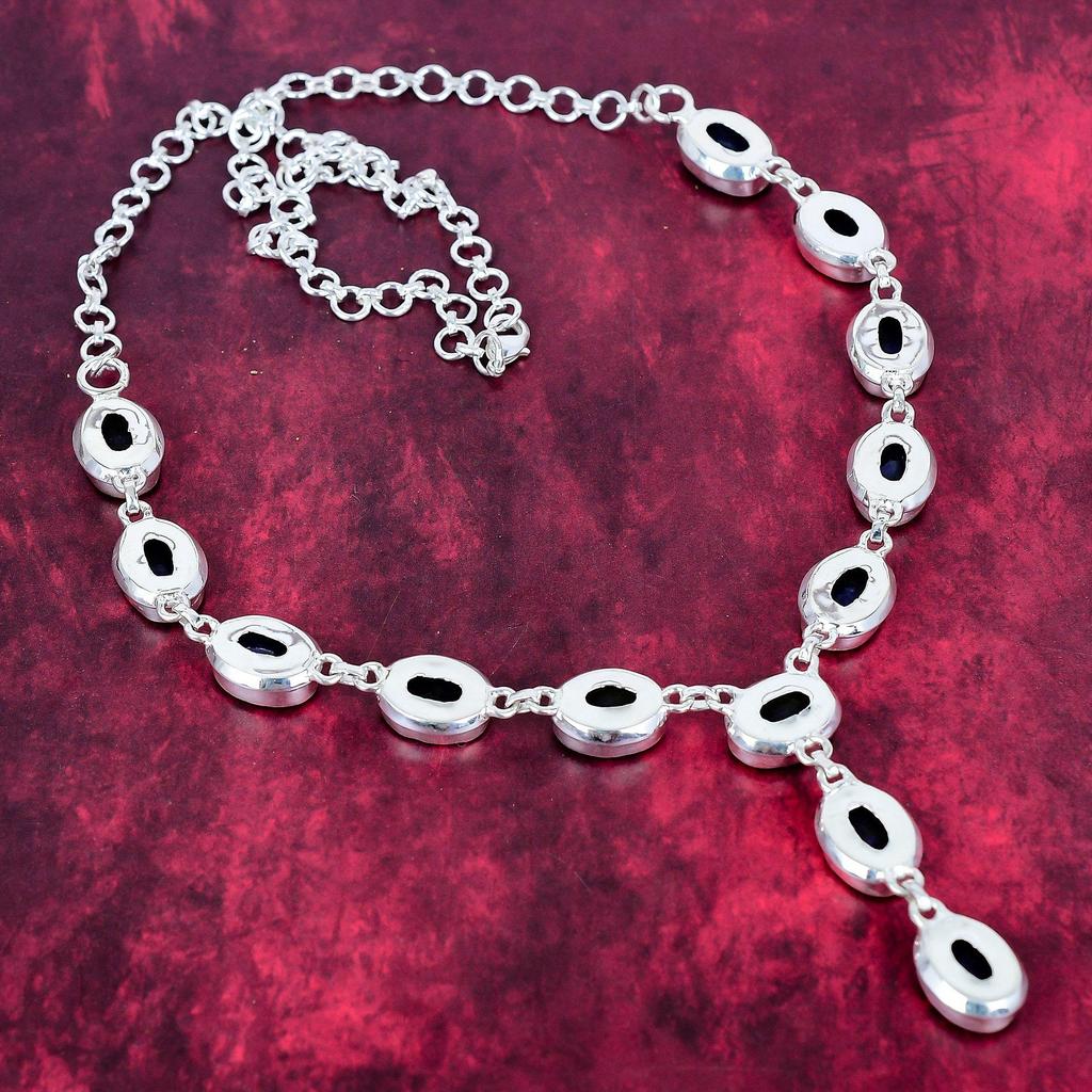 Blue Sapphire Necklace, Handmade Gemstone Necklace, 925 Solid Sterling Silver Necklace Antique Jewelry, For Engagement Gift