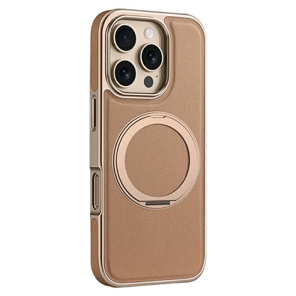 

For iPhone 16 Pro Magnetic Case with Rotating Kickstand Leather + PC + TPU Electroplating Phone Cover
