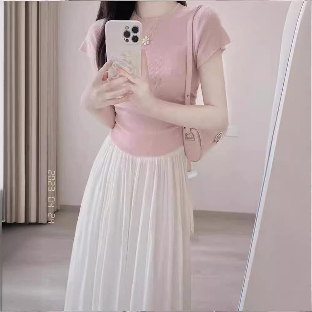 Petite Summer Pink Two-Piece: Short-Sleeved Top & Skirt Set