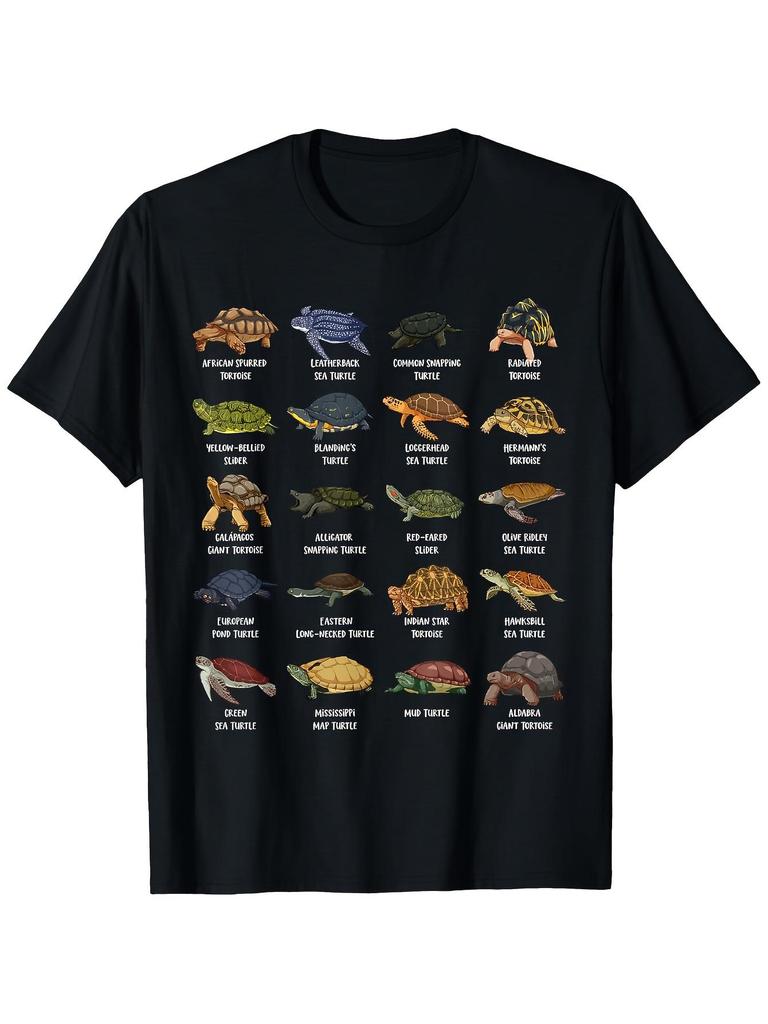 Unisex Turtle Pattern T-Shirt - 100% 180gsm heavy fabric, loose round neck, black base with colorful