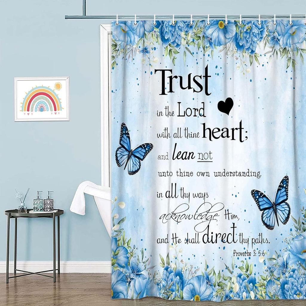Rustic Farmhouse Orange Shower Curtain - Bible Verse Inspirational Country Farm Yellow Fall Daisy Flowers Butterfly Abstract