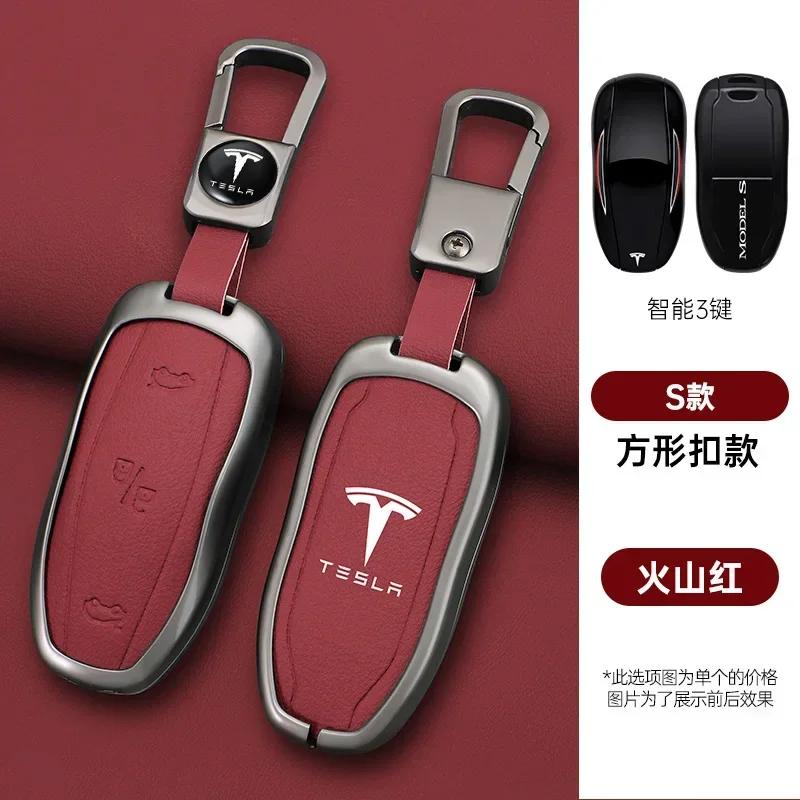 Car Sticker Tesla Zinc Alloy Leather Car Fob Smart Remote Key Case Cover Holder For Tesla Model 3 Model S Model Y Protector Keyc
