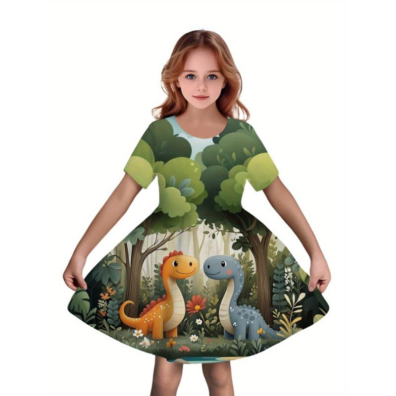 3D Digital Fashion Fantasy Girl Casual Short Sleeve Dress Forest Dinosaur Holiday Spring Summer Birthday Party 110
