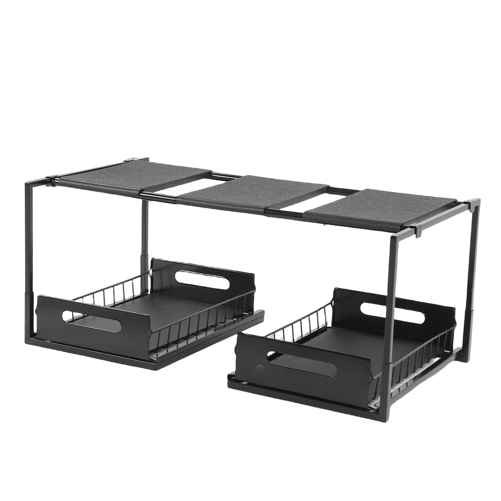 Sous évier   Noir Assemblage Facile Extensible 2 Niveaux Métal Tiroir Armoire   pour Salle de Bain Buanderie Camping-car Garde-manger