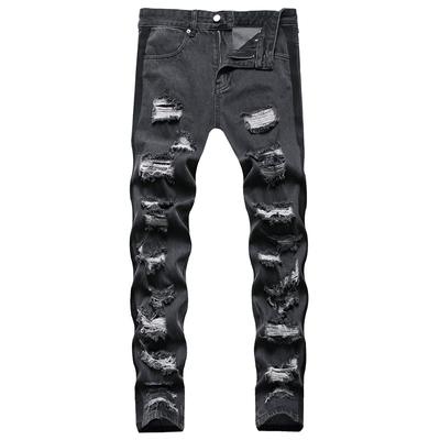 European And American New Slim Fit Denim Men'S Pants With Multiple Holes, High Street Trend Black Straight Leg Pants
