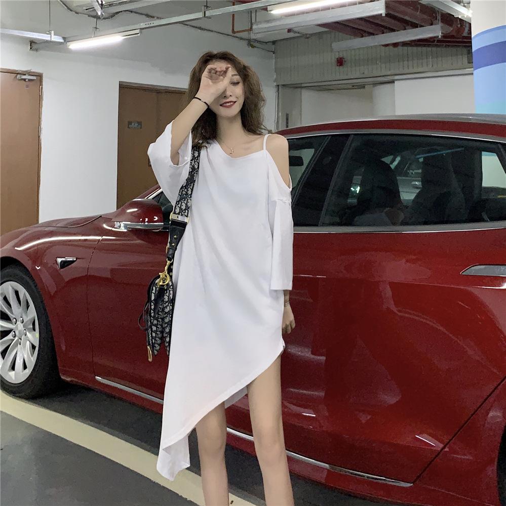 Inclined Shoulder Mid Length Dress Fashionable Summer Loose Korean Large Slip Dress Fashionable Women's Dress