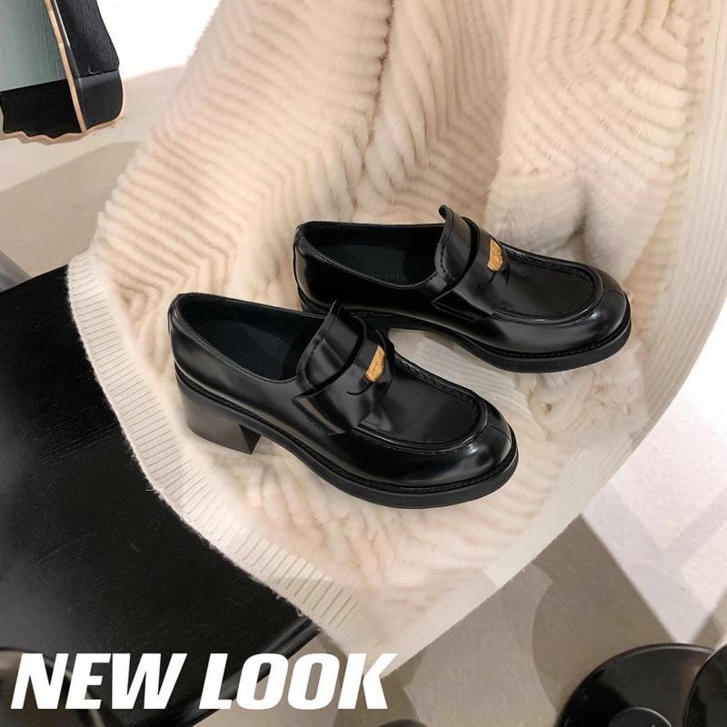 Retro Round Head Small Gold Coin Heightened Thick Heel Thick Sole Small Leather Shoes Women's Single Shoes