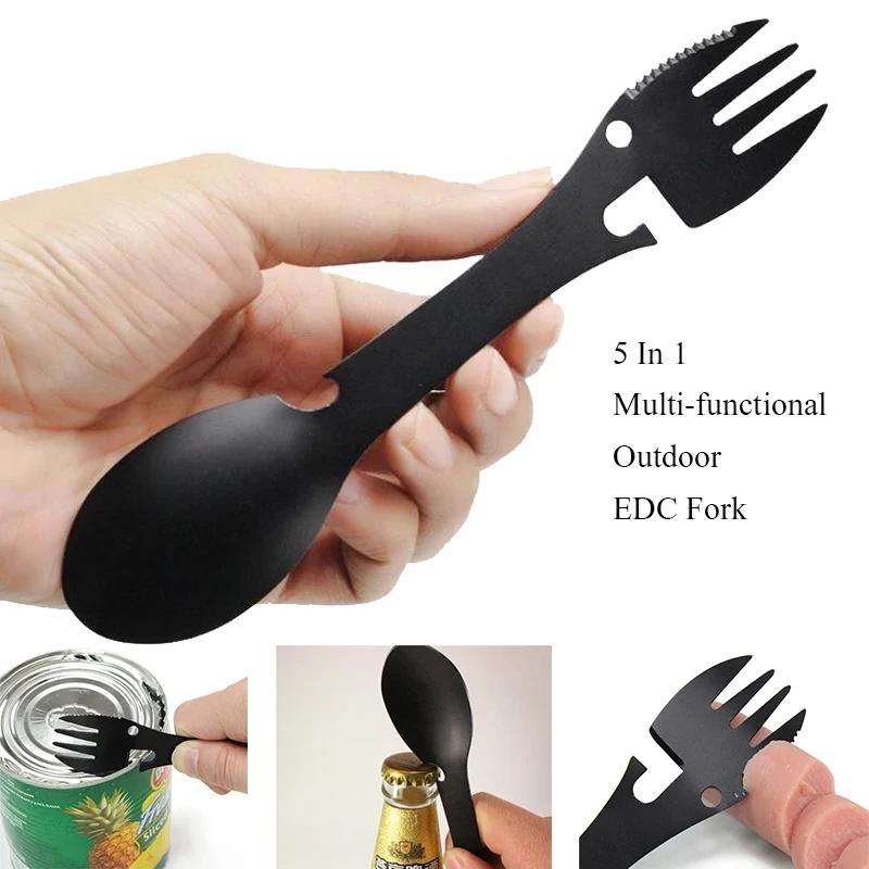 5PCS Outdoor Camping 5-in-1 Multi-functional Survival Tool, Lightweight EDC Set, Practical Fork, Knife, Spoon, Can Opener