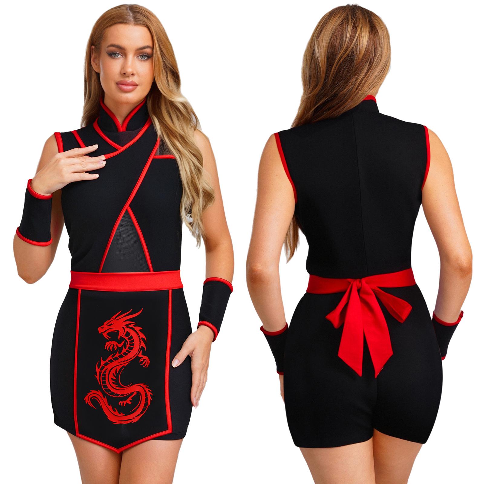 

S-XXL Women s Themed Party Ninja Costume: Stand Collar Sleeveless Mesh Dress with Back Zipper, Complete with Dragon Print Apron & Oversleeve XXL червоний
