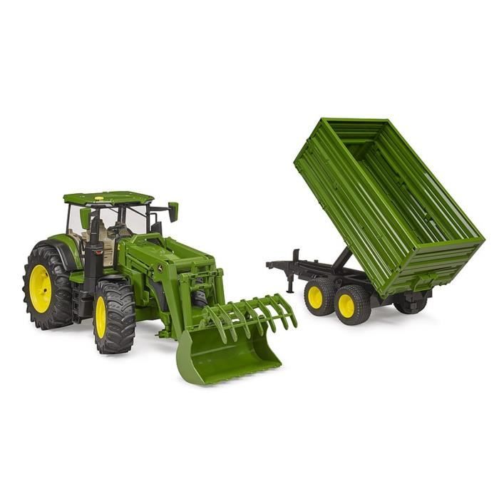 John deere 7r avec chargeur avant et remorque avec attelage tandem