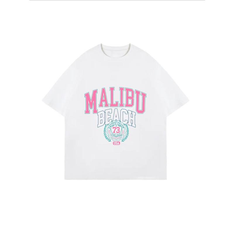 Übergroßes T-Shirt Weiß Malibu Beach Grafikdruck Mit Pinkem Und Blauem Text Und 73 Logo Sommer Freizeitkleidung Für Frauen