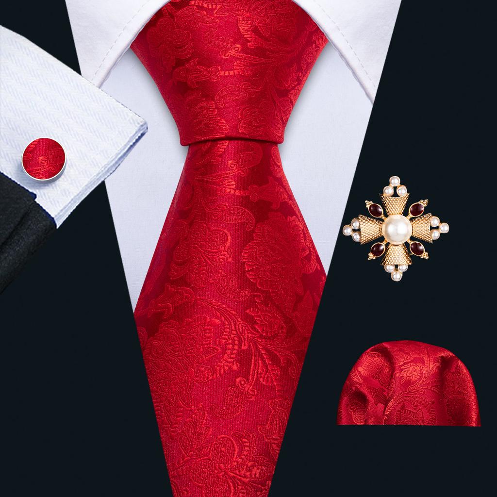 Pearl Brooch with Silk Tie for Men Vintage Floral Teal Necktie Hanky Cufflinks Gift Formal Set