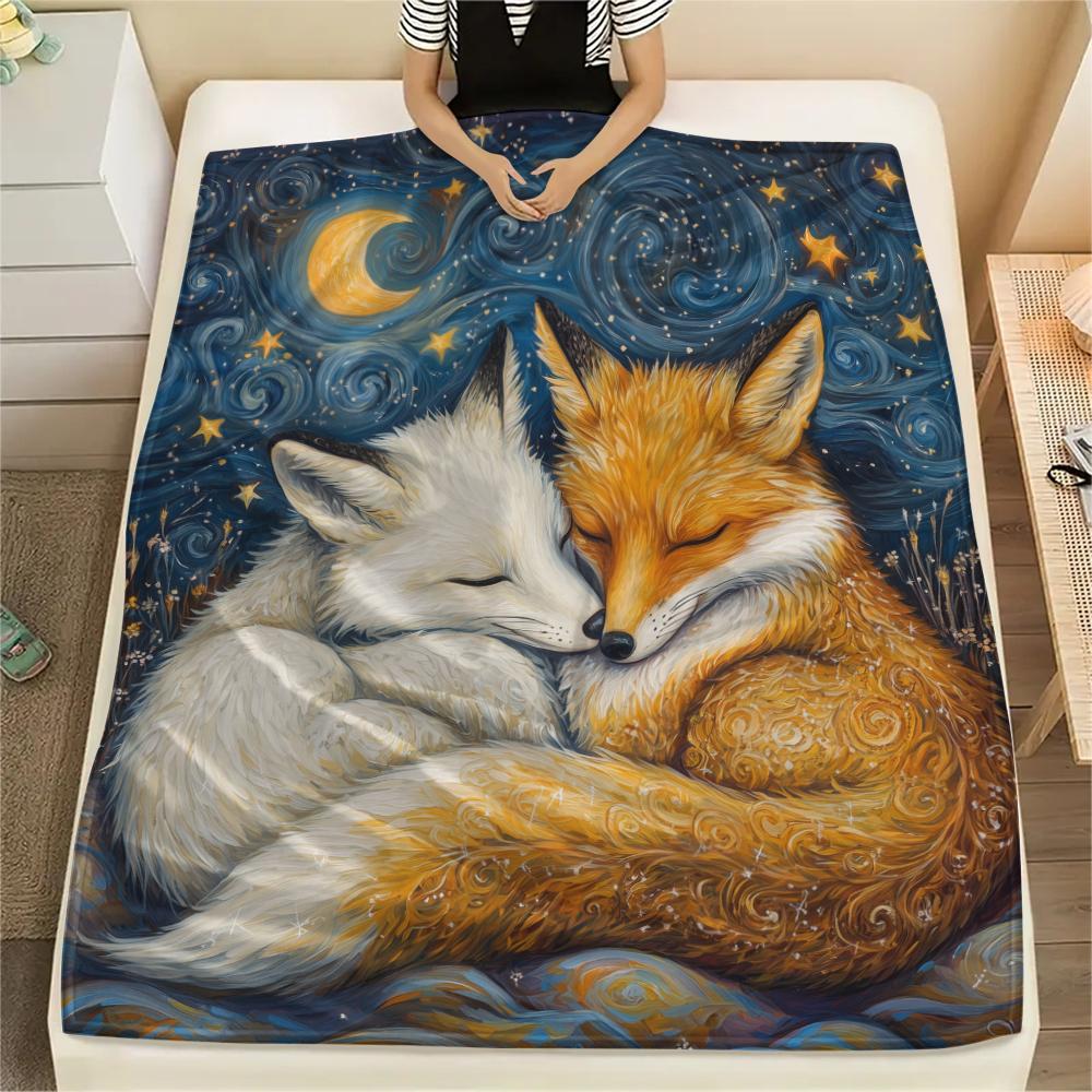 Fox and Moon pattern Flannel Blanket, High quality Comfortable for All Seasons, Home Decor, Warmth and Comfort, Perfect for Gifts.