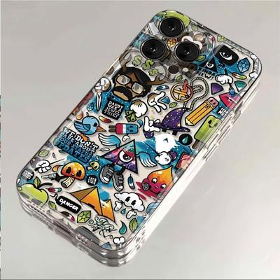 Cartoon Graffiti Phone Case for Apple iPhone16promax-Soft Silicone Transparent Shockproof Creative Cover On iPhone16/15/14/13/12/11/Pro/Plus/Promax