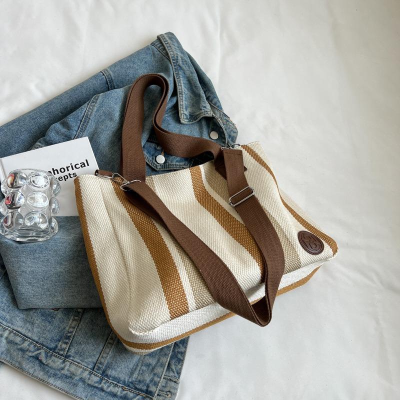 Canvas Bag Striped Tote Bag New Women's Bag Sweet Contrasting Color Handbag Crossbody Bag Large Capacity