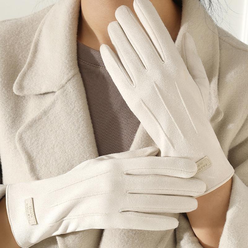 Autumn Winter Thin Not Bloated Suede Stripe Women's Gloves Keep Warm Touch Screen Elasticity Fashion Elegant Outdoor Cycling