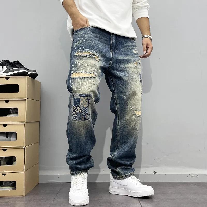 Jeans larghi vintage patchwork distressed jeans da uomo dritti larghi high street hip-hop pantaloni lunghi abbigliamento da uomo jeans per uomo