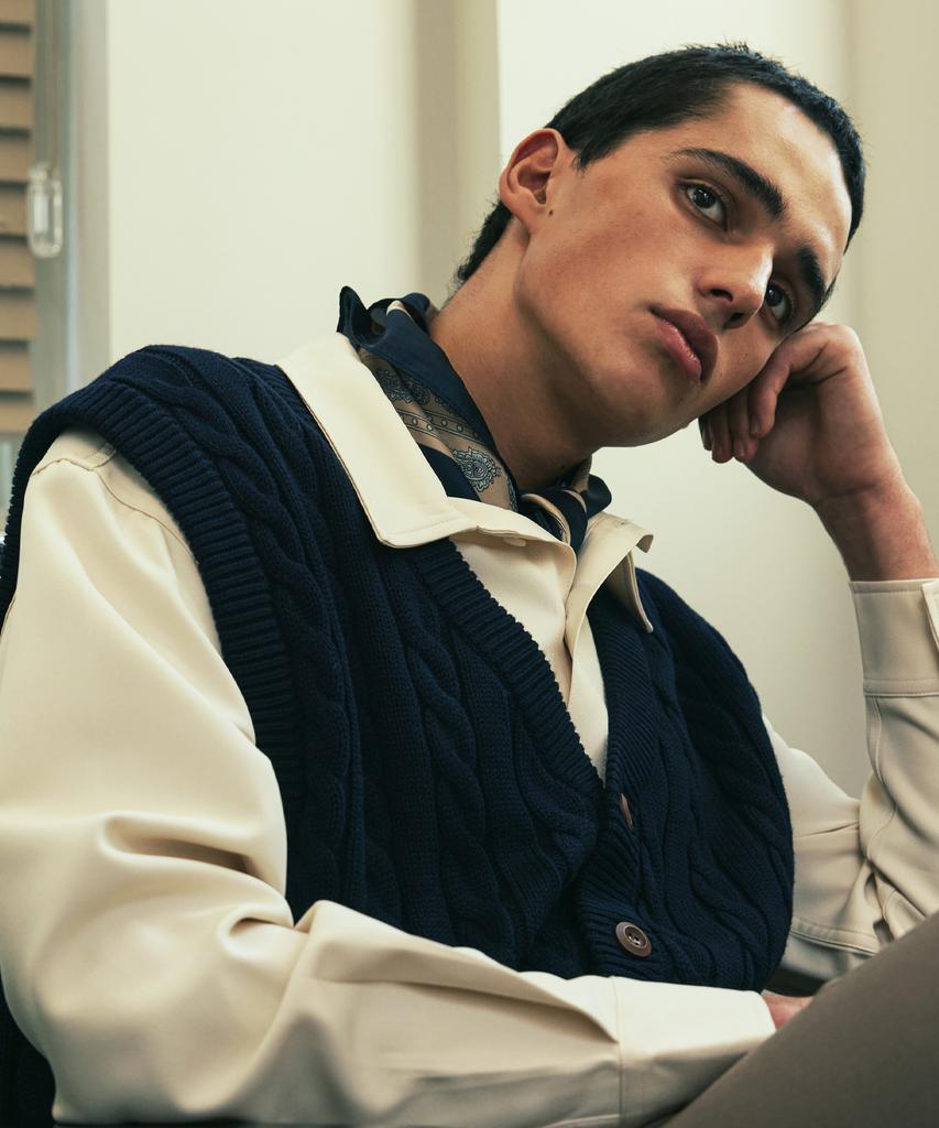 SSY [Set] Sunday Cable Knit Vest & Drapery Shirt