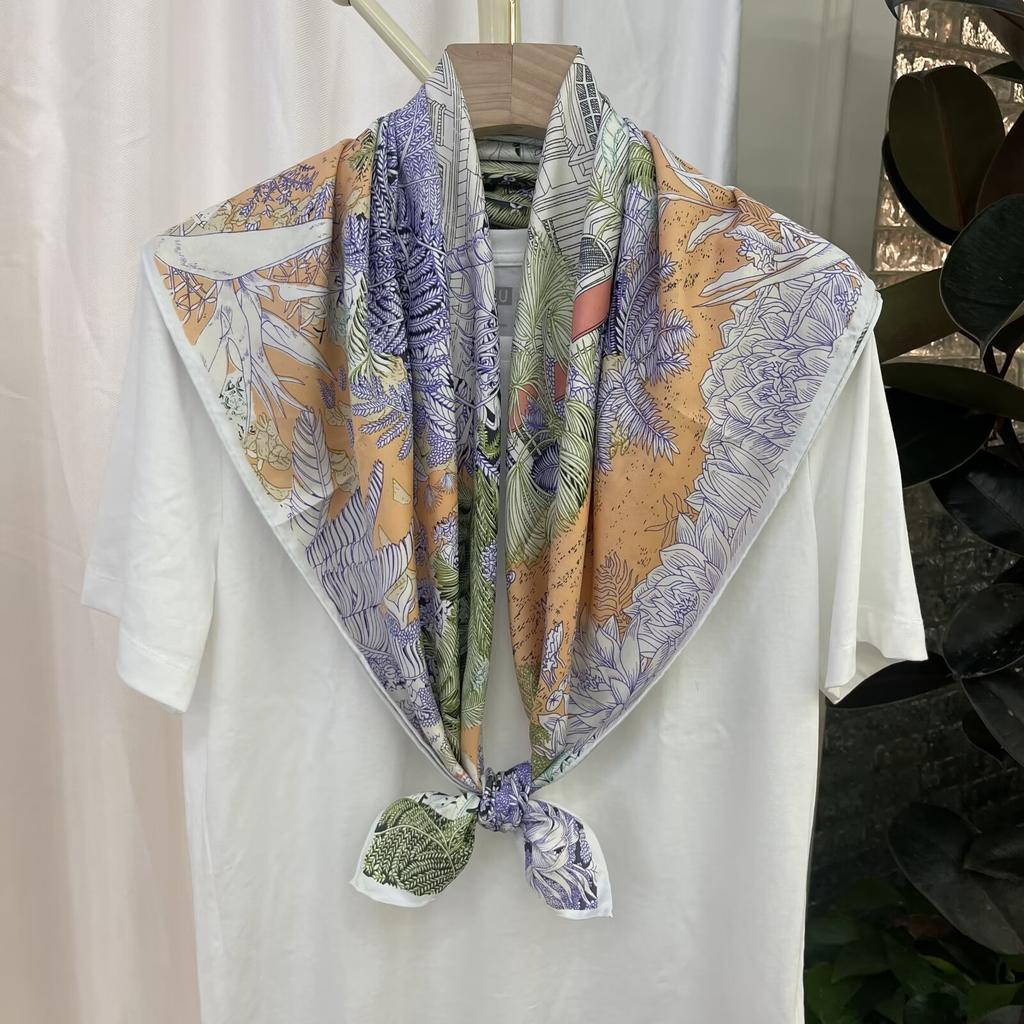 New European  American and Korean Printed Silk Scarf with Large Square Scarf Versatile High-end Twill Sunscreen Decorative Shawl Scarf for Women