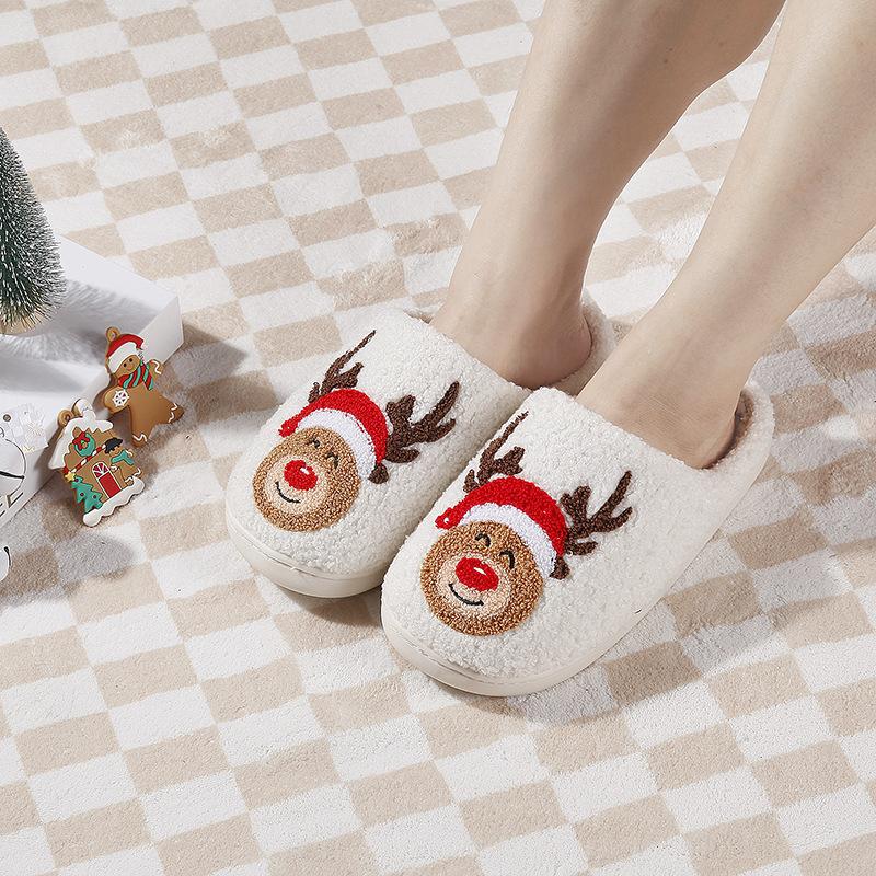 New Home Christmas Elk Warm Winter Cotton Slippers Couple Men and Women Thick-soled Soft-soled Shoes Thick Non-slip Cute