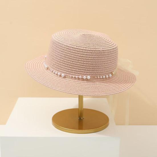 Beach Hat Wide Brim Flat Top Imitation Pearls Trim Tulle Bow Decor Straw Hat Lightweight Breathable Sun Protection Hat