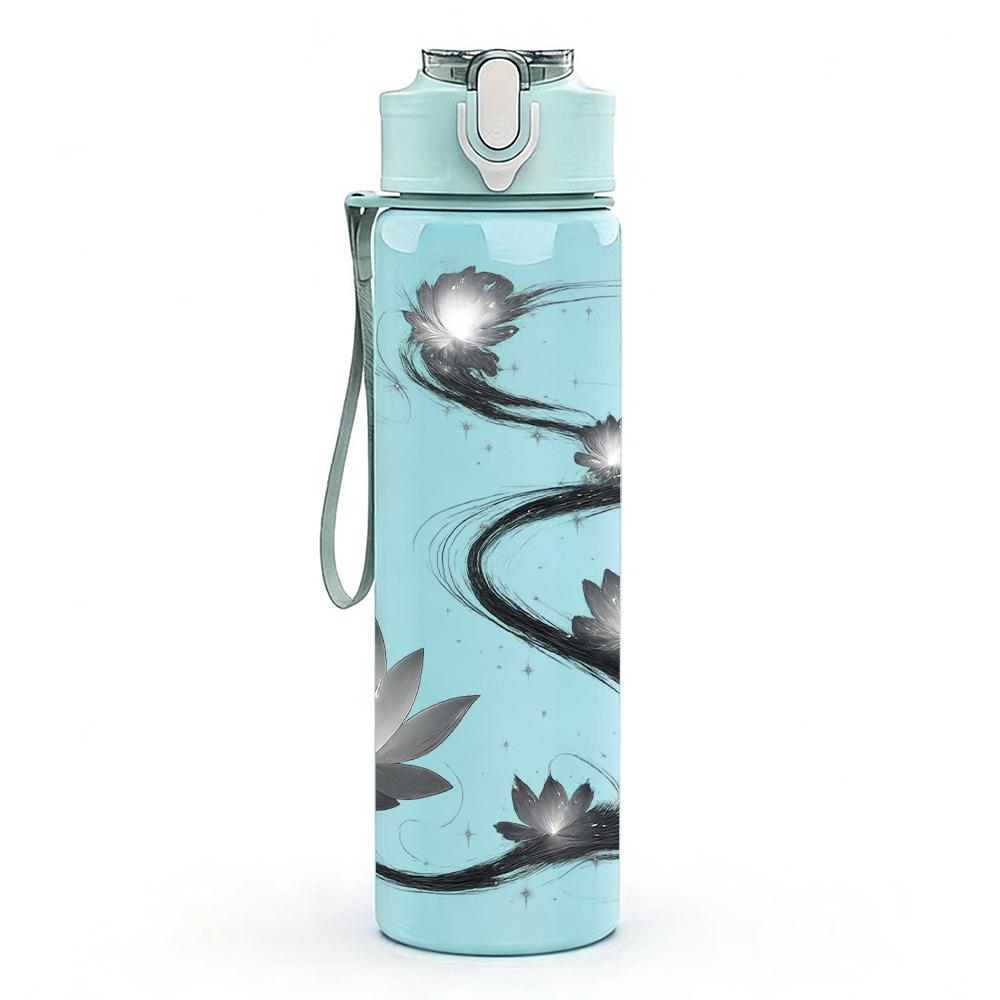 1PC Lotus Ink Line Art 750ml Color Plastic Sports Water Bottle Leakproof Flip Straw Lid For Sports Office Home Use