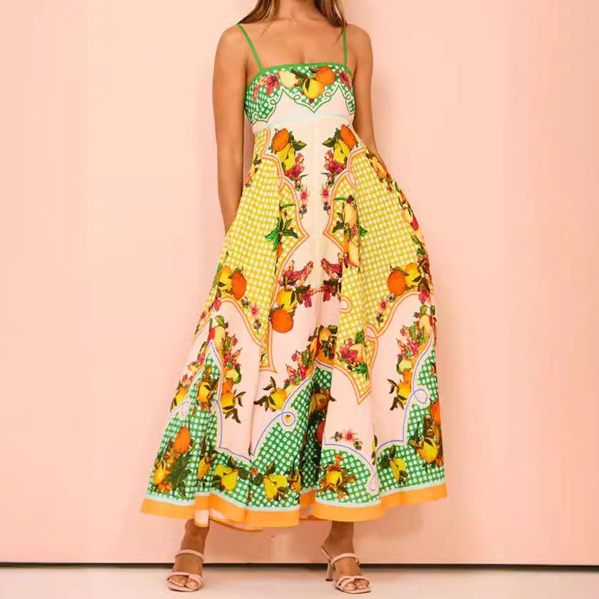 2025 European & American Women's Summer Sleeveless High-Waist Swing Dress with Sexy Suspender & Print Design
