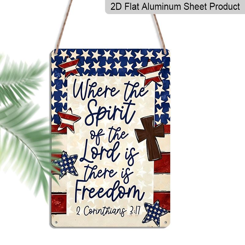 

2D Flat Patriotic Christian Metal Sign, Where The Spirit of The Lord Is There Is Freedom Bible Verse, 8×12 Inch Aluminum Wall Art, American Flag 20*30cm