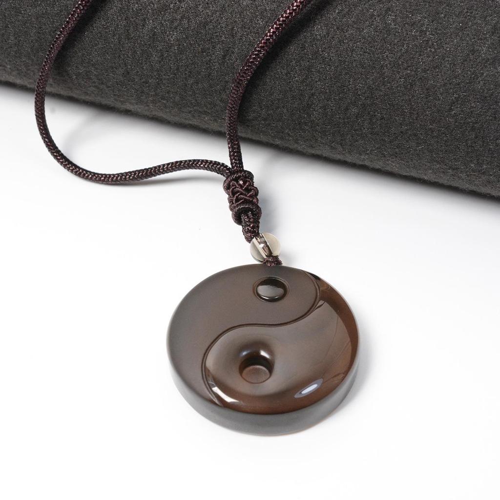Obsidian Yin Yang Tai Chi Pendant: Double Fish Amulet Necklace for Men, Taoist Peace Charm.