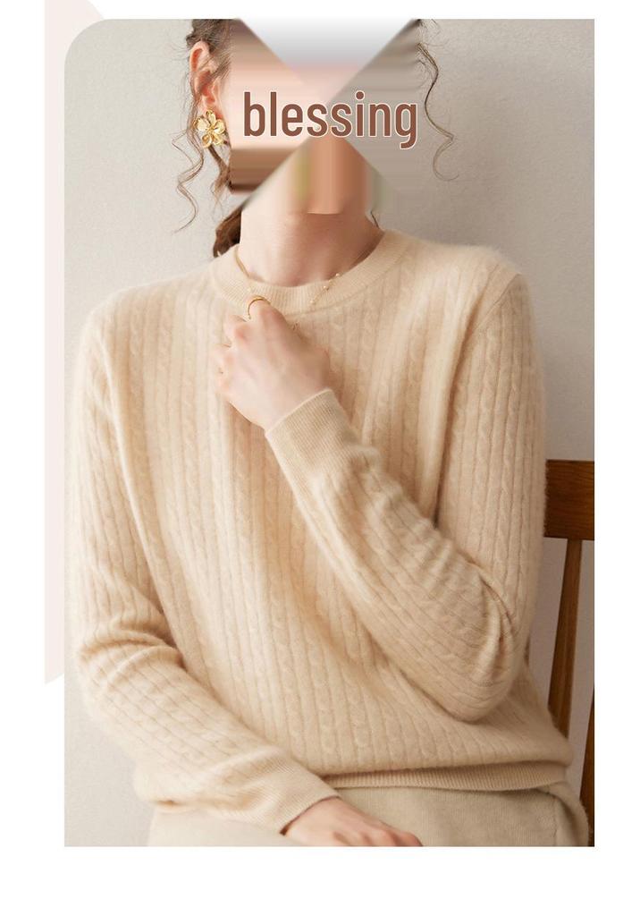 Women's Cashmere Round Neck Cable Knit Sweater - Soft, Comfortable, and Versatile for Autumn and Winter