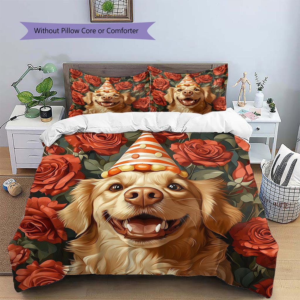 Rose Dog with Birthday Hat Pattern Bedding Quilt Set Home Decoration Gift (1 * duvet cover + 2 * pillowcase without core)